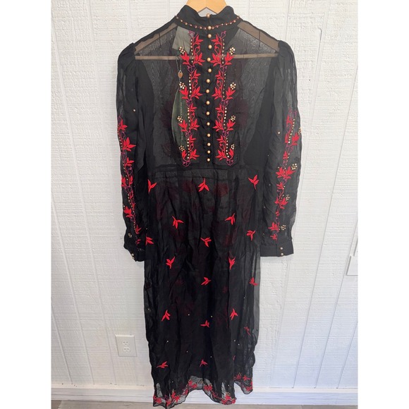 FARM Rio Dresses & Skirts - Farm Rio Organza Midi Dress Womens Black Embroidered Beaded Long Sleeve M